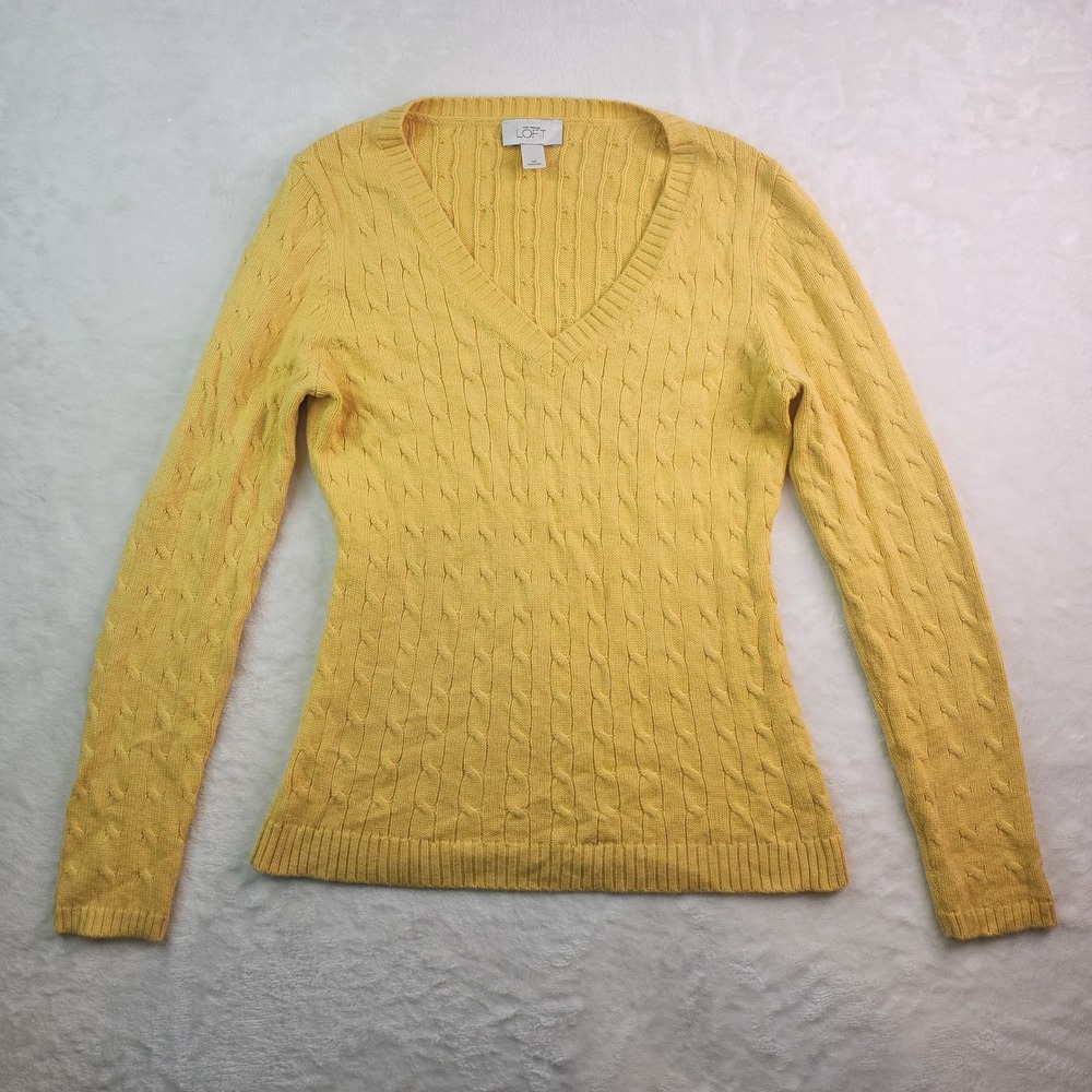 Fuzzy Cable Knit Yellow Angora Rabbit Hair Sweater Womens Medium V Neck Ribbed